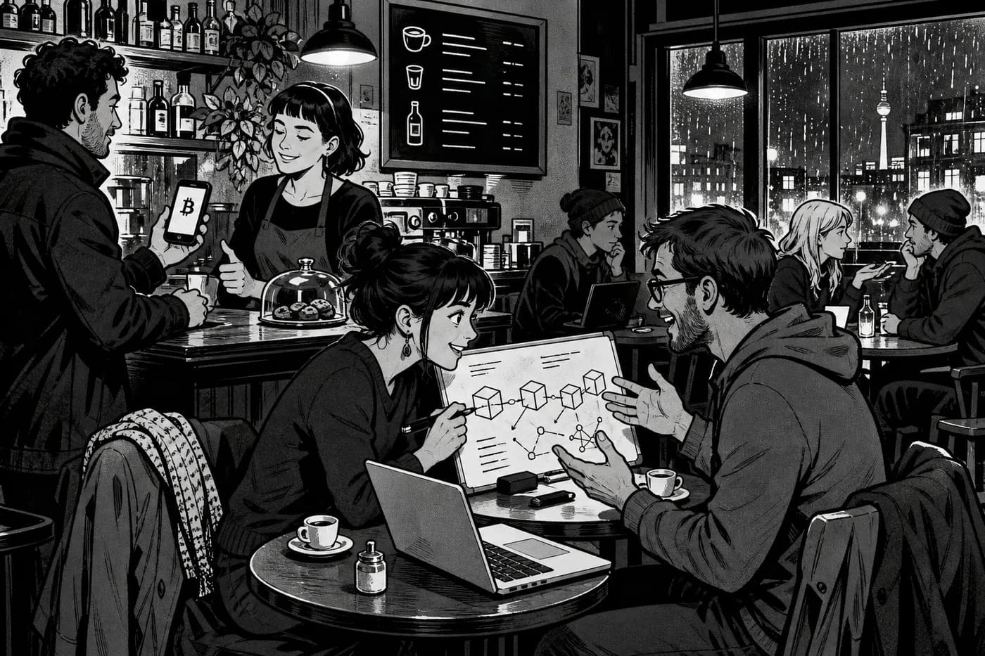 Comic-style drawing of engineers meeting in a Berlin coffee shop, laptops open, paying for coffee with Bitcoin.